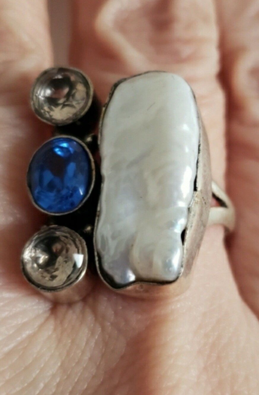 NWOT,Natural Pearl, Mixed Gemstone & Silver Artsy Ring, SZ 8.5, Handmade,Unusual